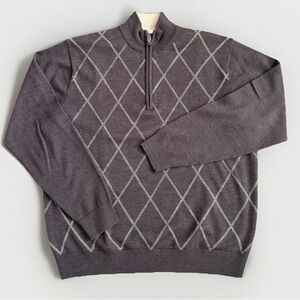 Stile Di Vita 100% Merino Wool Men’s Brown Argyle 1/4 Zip Sweater Size Large